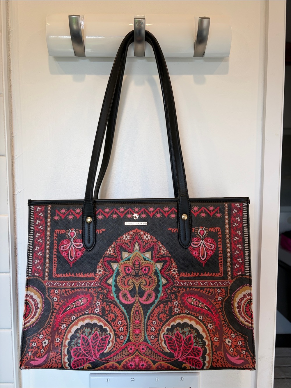 Spartina 449 Black Tote with Pink and Red Paisley Floral Pattern